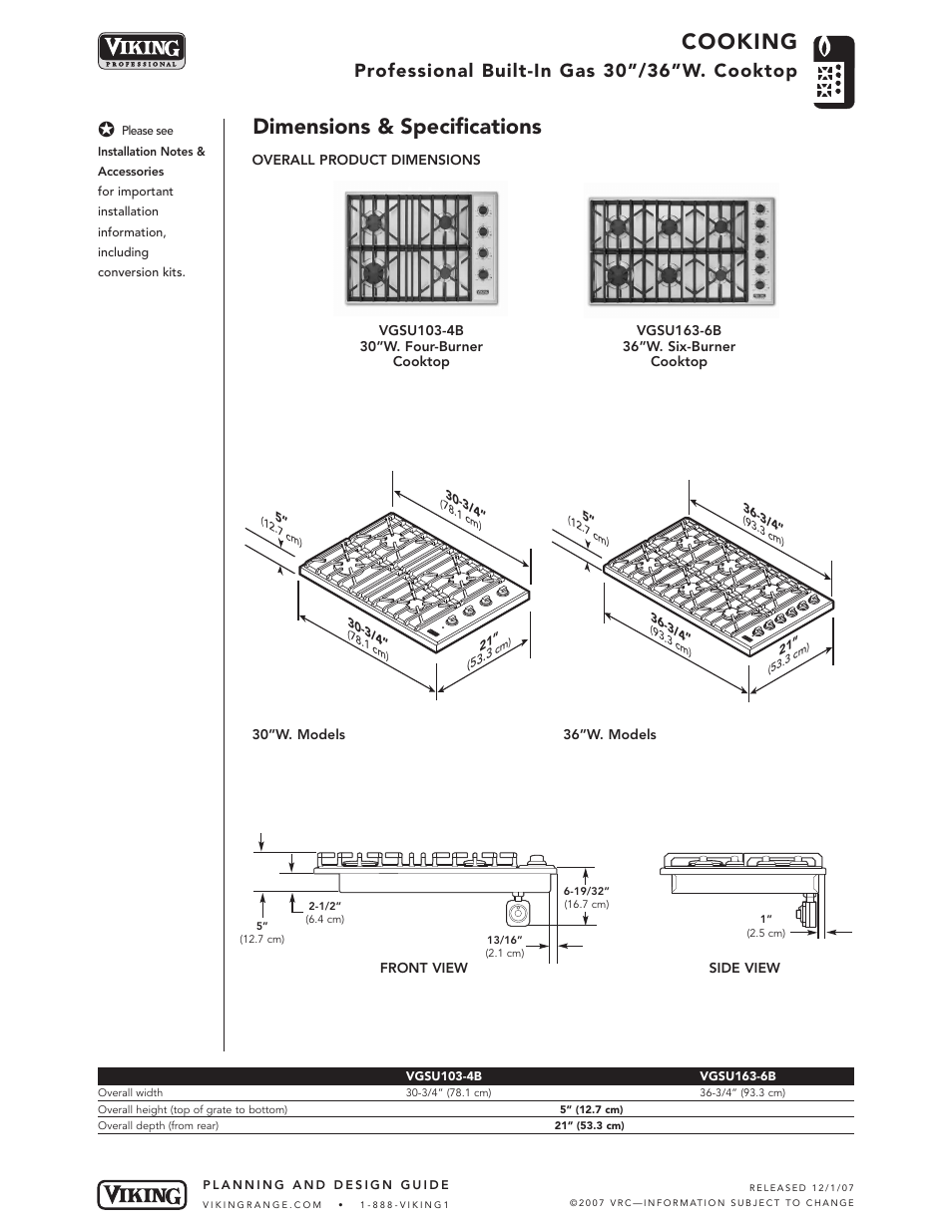 Cooking, Dimensions & specifications, Professional built-in gas 30”/36”w. cooktop | Viking VGSU163-6B User Manual | Page 2 / 5