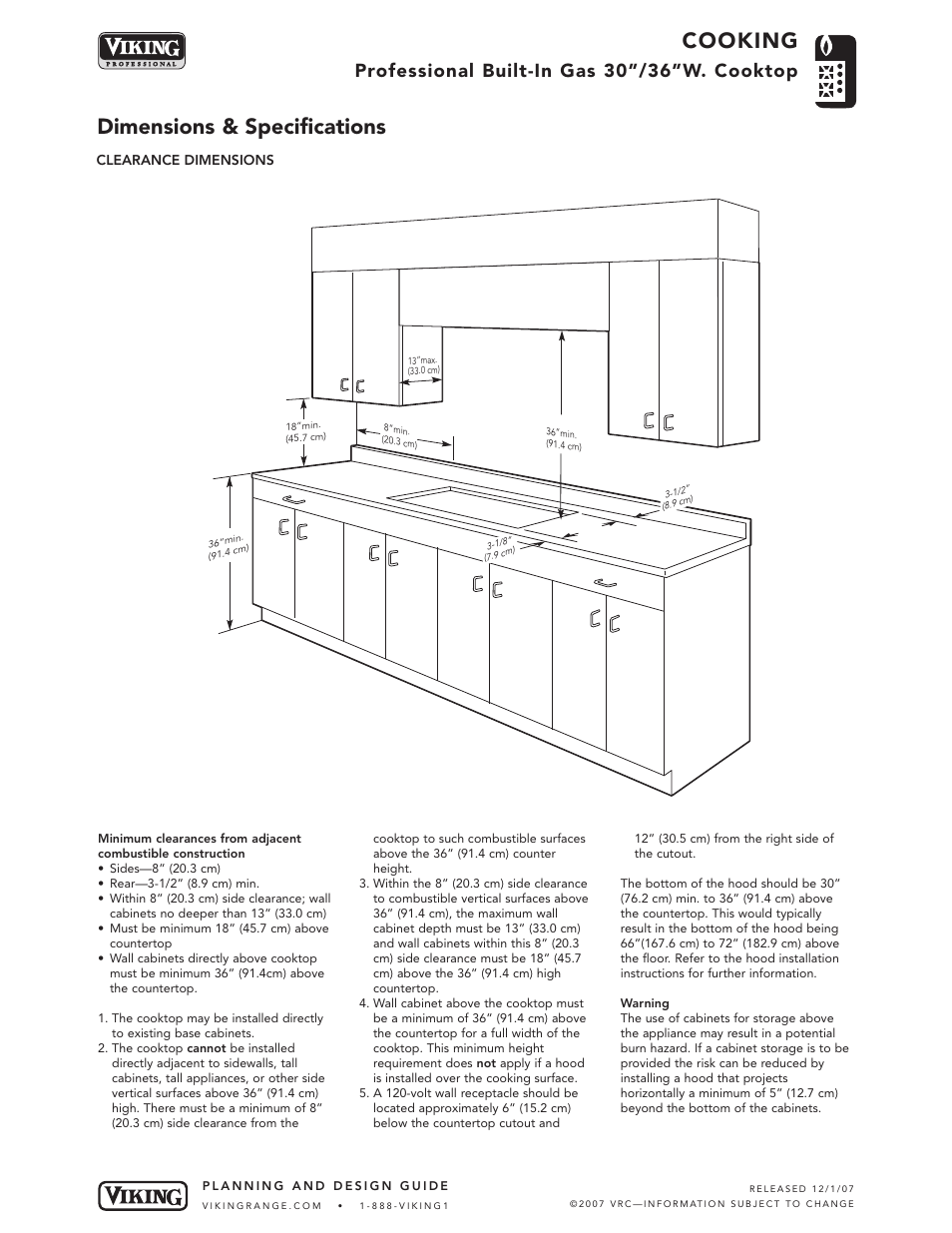 Cooking, Dimensions & specifications, Professional built-in gas 30”/36”w. cooktop | Viking VGSU163-6B User Manual | Page 3 / 5