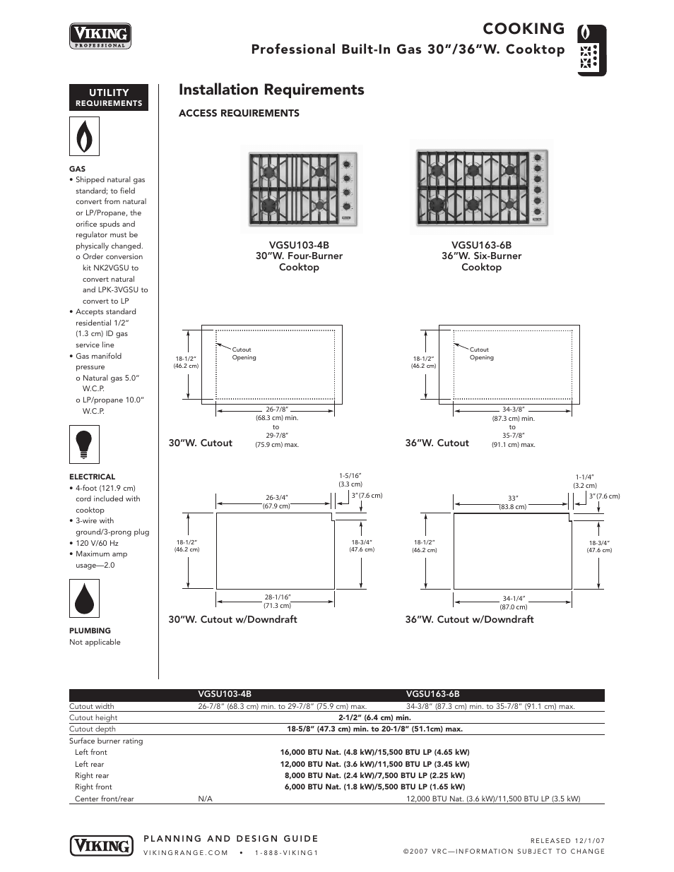 Cooking, Installation requirements, Professional built-in gas 30”/36”w. cooktop | Utility | Viking VGSU163-6B User Manual | Page 4 / 5