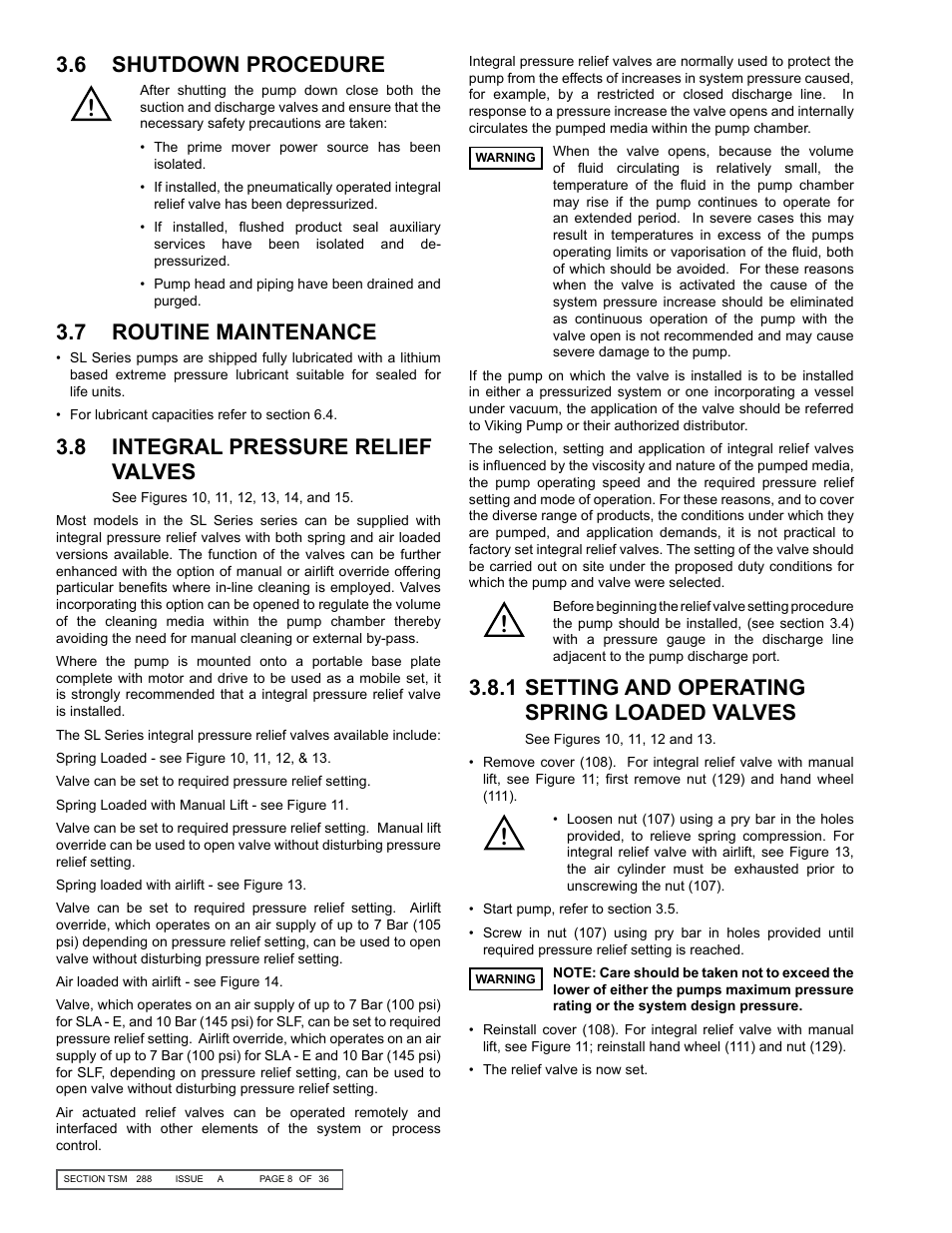 1 setting and operating spring loaded valves, 6 shutdown procedure, 7 routine maintenance | 8 integral pressure relief valves | Viking SLAL User Manual | Page 8 / 36