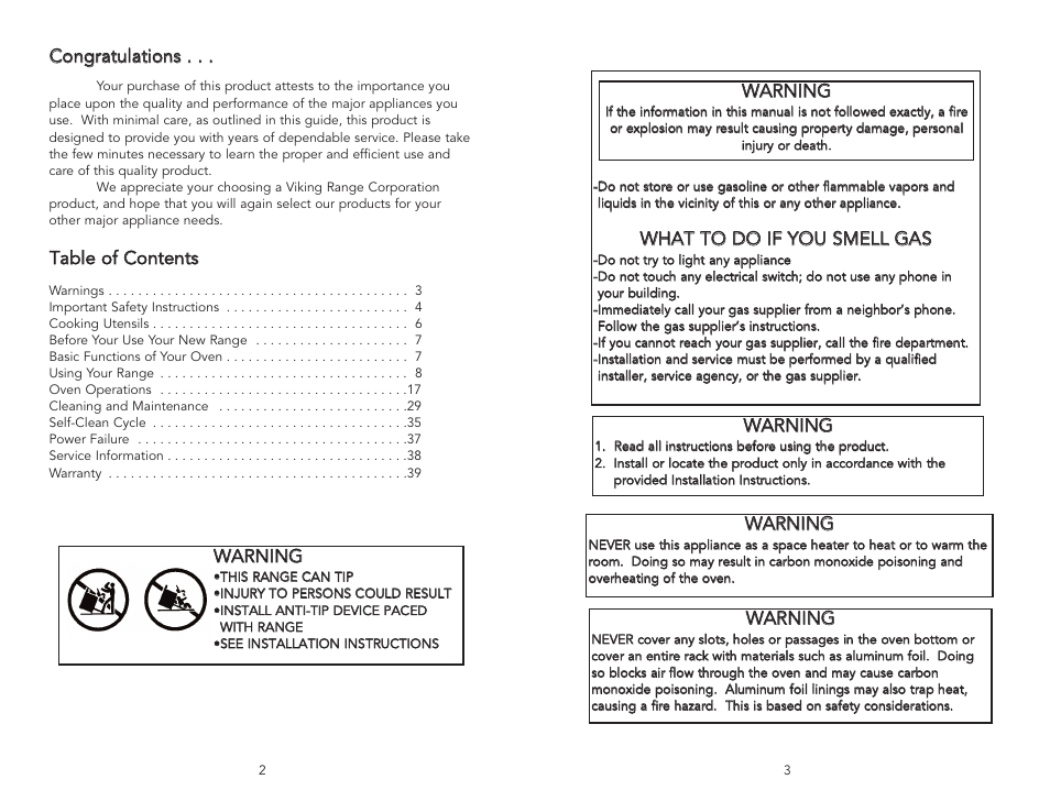 Cco on ng grra attu ulla attiio on nss, Tta ab blle e o off c co on ntte en nttss, Wwa ar rn niin ng g | Viking F20465A User Manual | Page 2 / 20