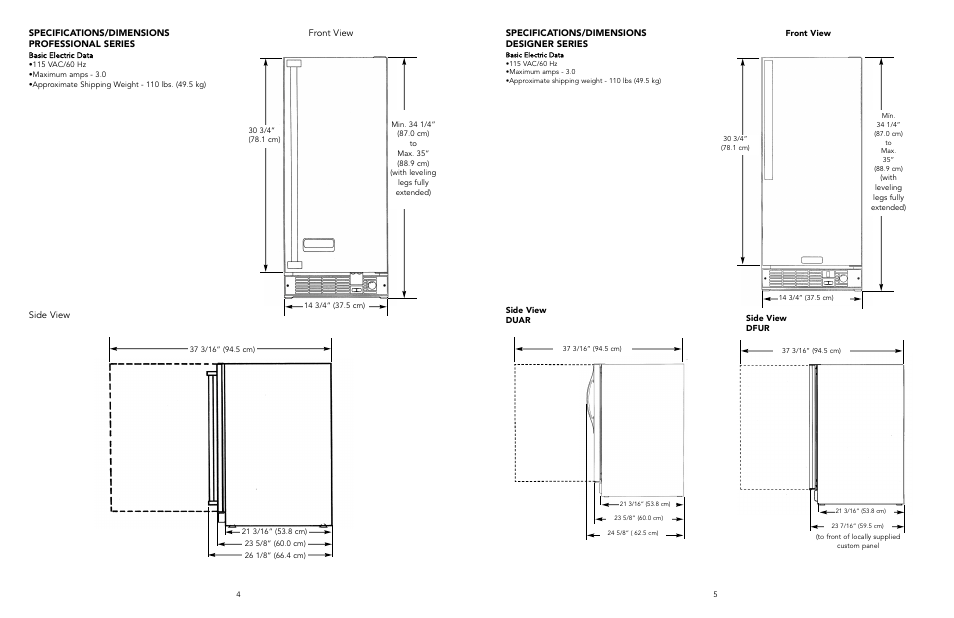 Specifications/dimensions designer series, Specifications/dimensions professional series, Front view side view | Viking DUAR154 User Manual | Page 3 / 9
