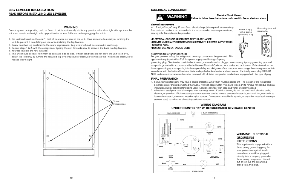 Warning, Leg leveler installation | Viking DUAR154 User Manual | Page 6 / 9