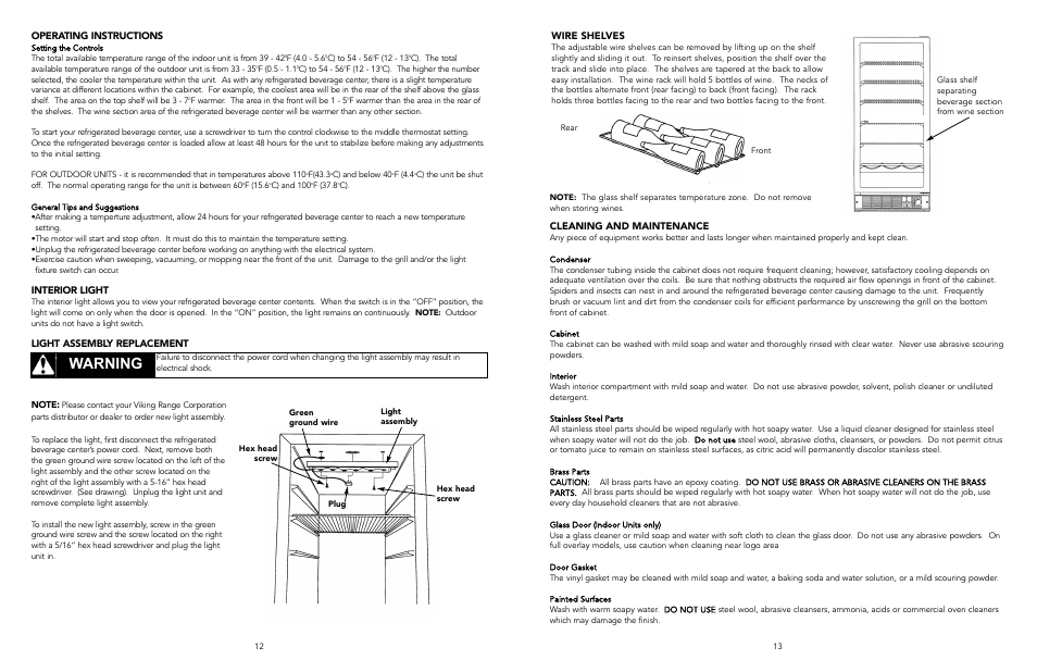 Warning, Wire shelves, Cleaning and maintenance | Operating instructions, Light assembly replacement, Interior light | Viking DUAR154 User Manual | Page 7 / 9