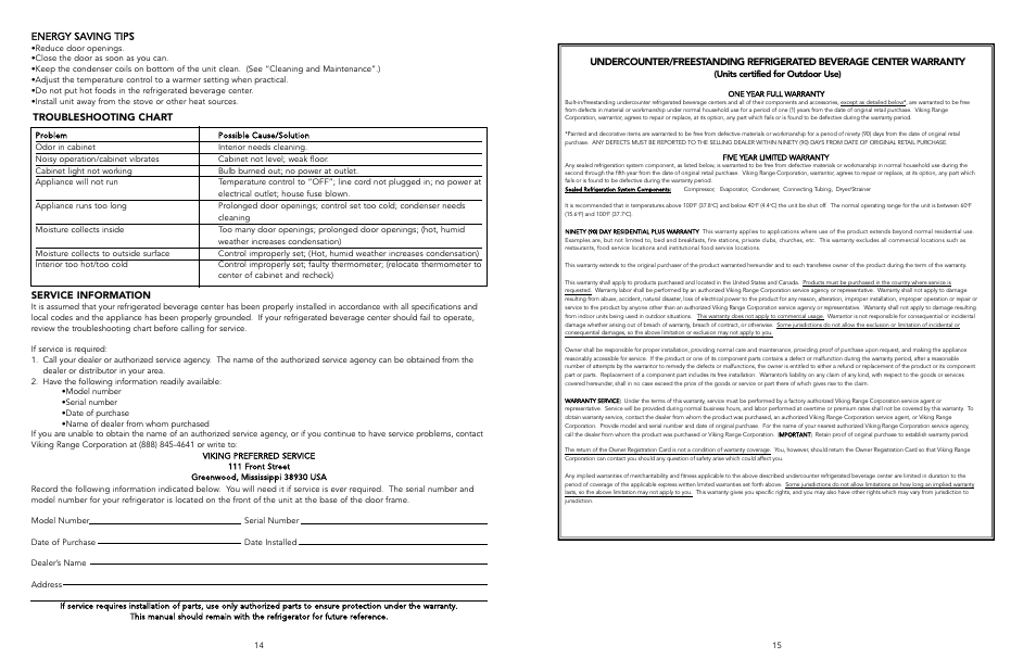 Service information, Troubleshooting chart, Energy saving tips | Units certified for outdoor use) | Viking DUAR154 User Manual | Page 8 / 9
