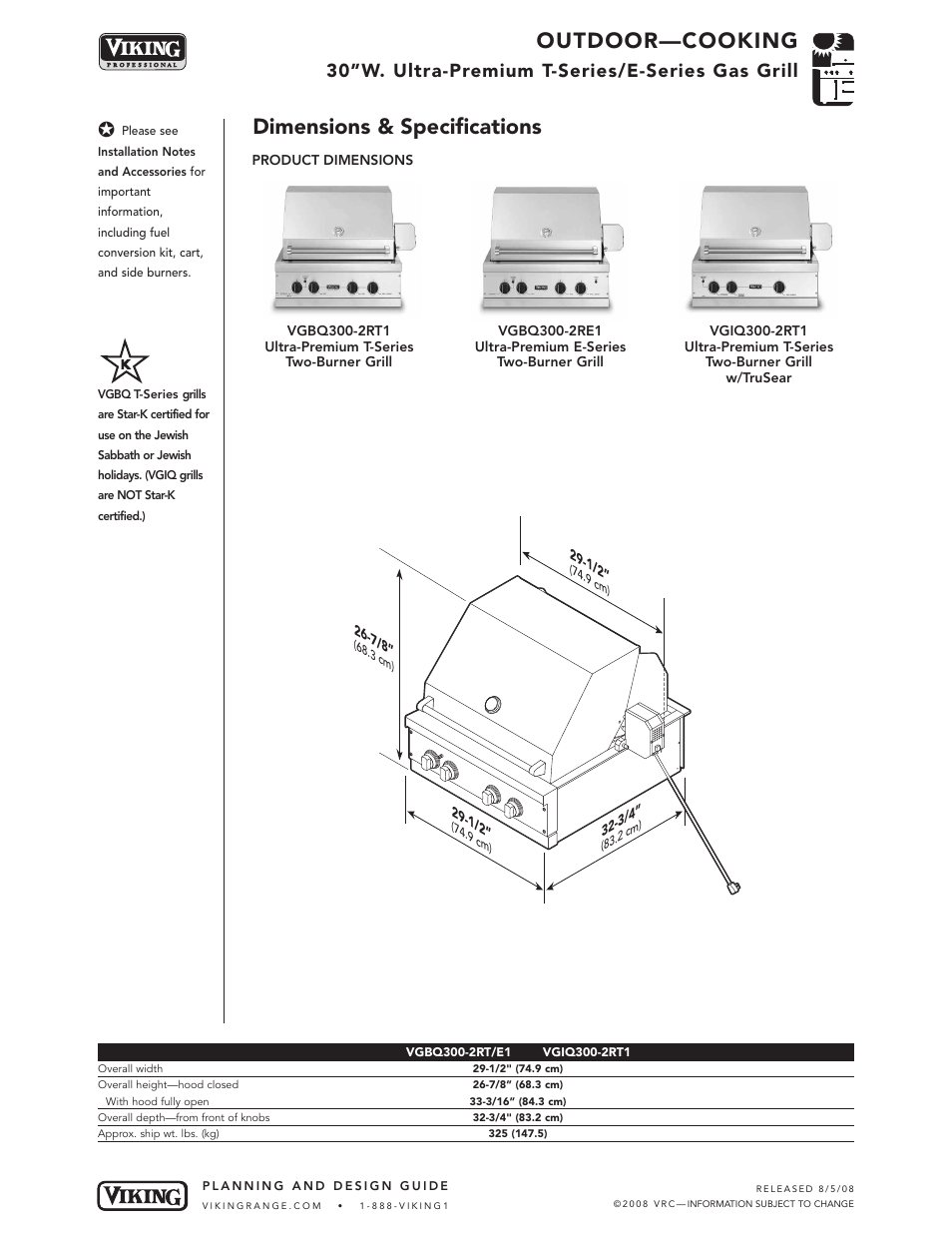 Outdoor—cooking, Dimensions & specifications, 30”w. ultra-premium t-series/e-series gas grill | Viking VGIQ300-2RT1 User Manual | Page 3 / 8