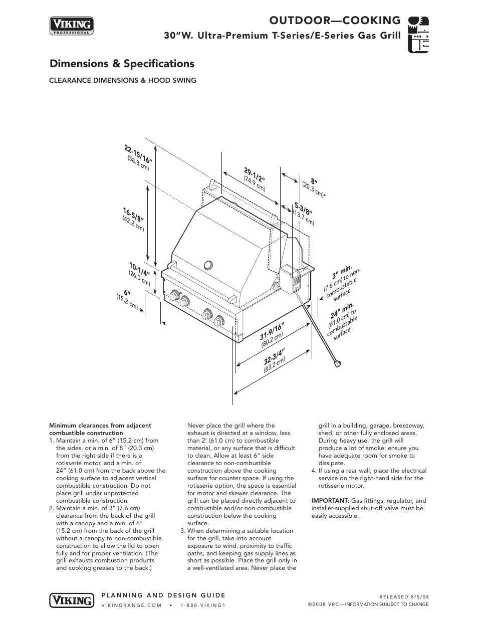 Outdoor—cooking, Dimensions & specifications, 30”w. ultra-premium t-series/e-series gas grill | Viking VGIQ300-2RT1 User Manual | Page 4 / 8