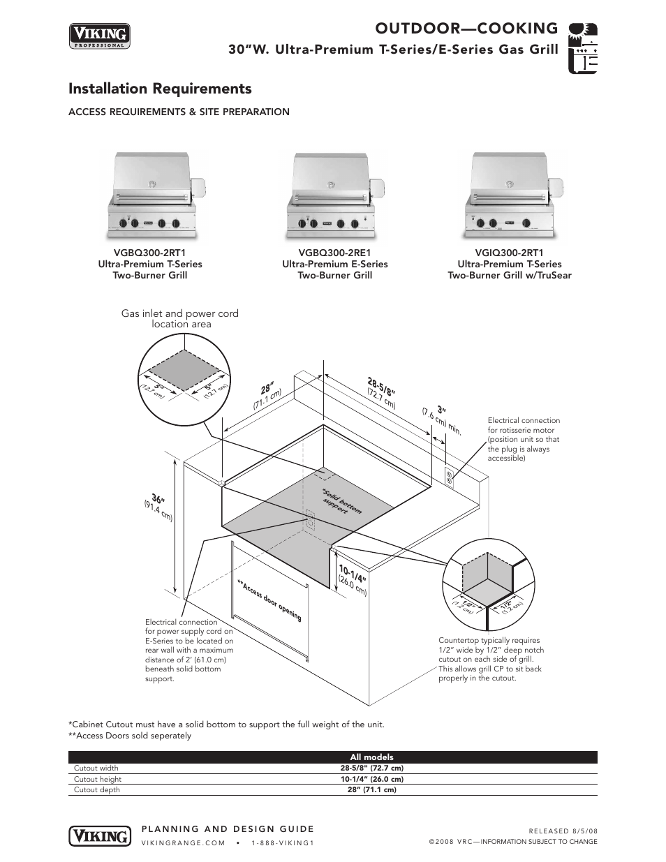 Outdoor—cooking, Installation requirements, 30”w. ultra-premium t-series/e-series gas grill | Viking VGIQ300-2RT1 User Manual | Page 5 / 8