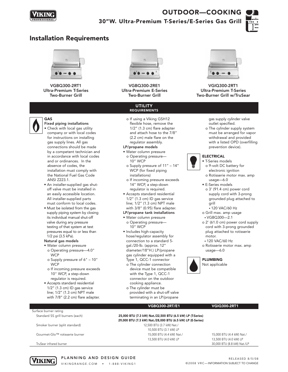 Outdoor—cooking, Installation requirements, 30”w. ultra-premium t-series/e-series gas grill | Viking VGIQ300-2RT1 User Manual | Page 6 / 8