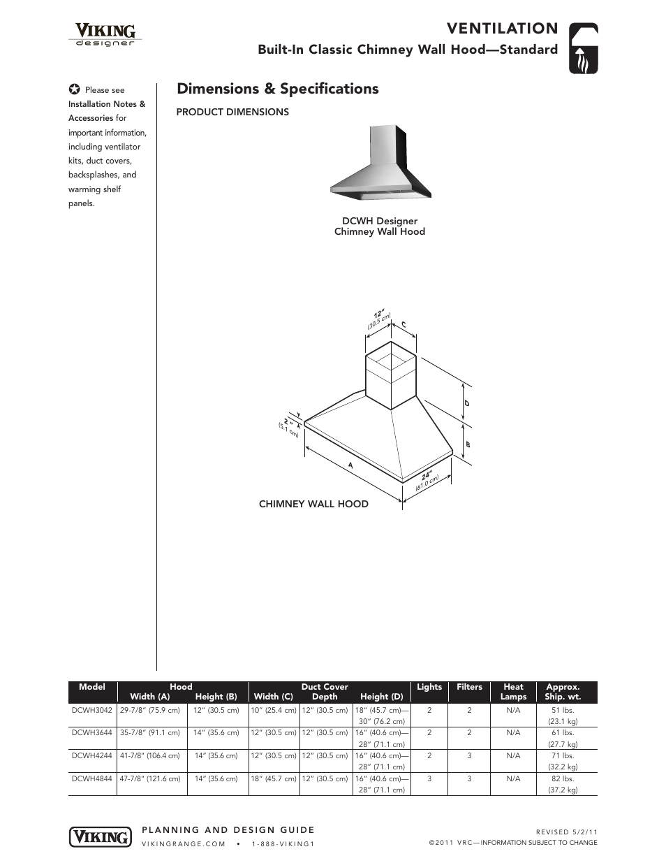 Ventilation, Dimensions & specifications, Built-in classic chimney wall hood—standard | Viking DCWL User Manual | Page 2 / 7