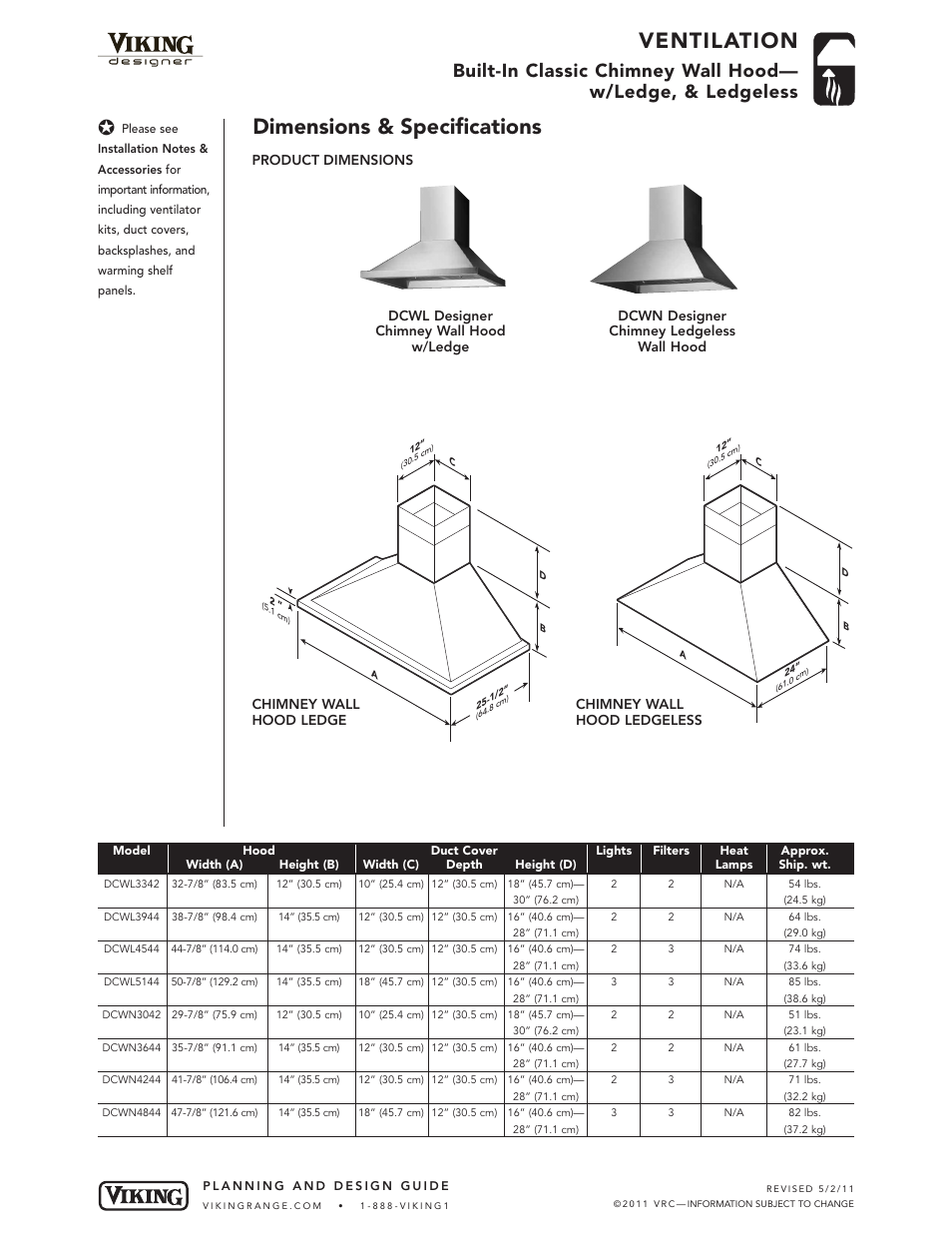 Ventilation, Dimensions & specifications | Viking DCWL User Manual | Page 3 / 7
