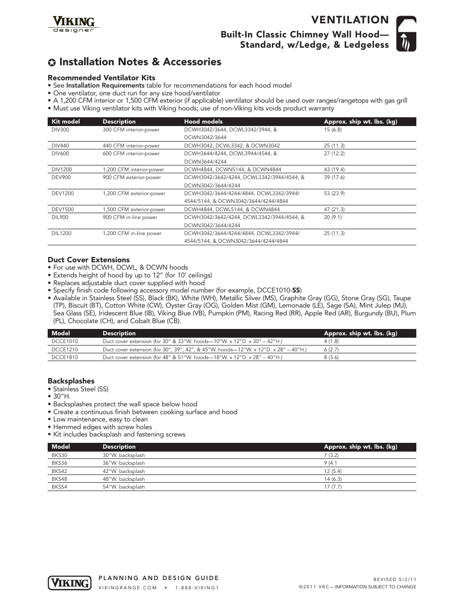 Ventilation, Recommended ventilator kits, Duct cover extensions | Backsplashes | Viking DCWL User Manual | Page 6 / 7