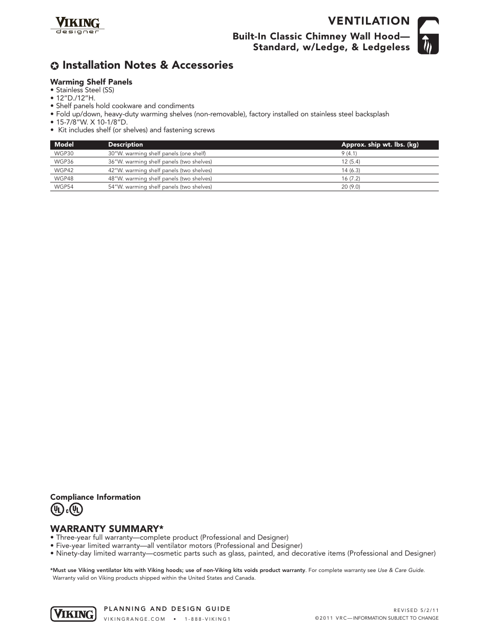 Ventilation, Warranty summary | Viking DCWL User Manual | Page 7 / 7