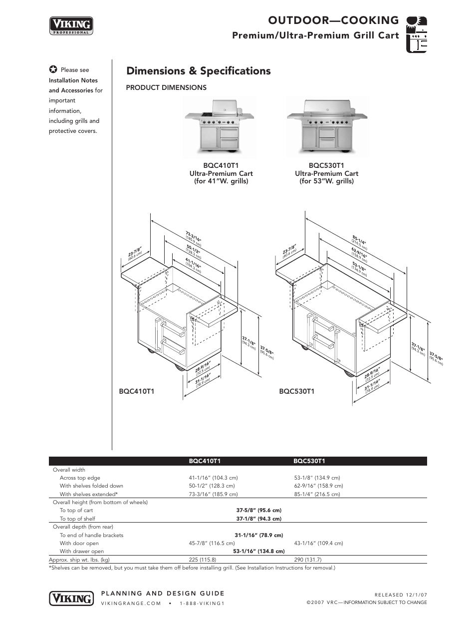 Outdoor—cooking, Dimensions & specifications, Premium/ultra-premium grill cart | Bqc410t1, Bqc530t1 | Viking BQC530T1 User Manual | Page 3 / 6