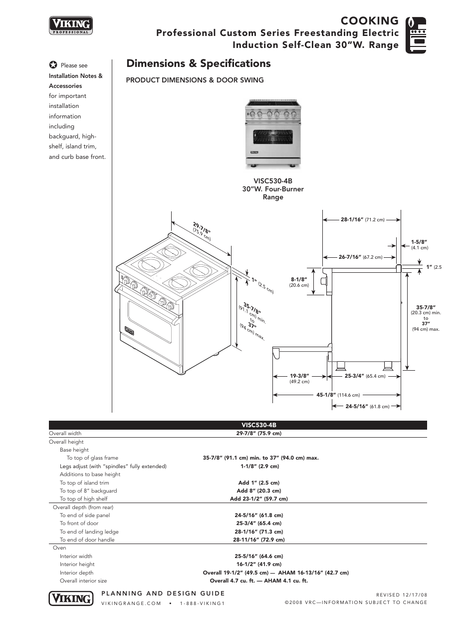 Cooking, Dimensions & specifications | Viking VISC530-4B User Manual | Page 2 / 5