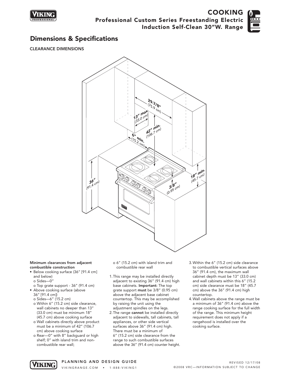 Cooking, Dimensions & specifications | Viking VISC530-4B User Manual | Page 3 / 5