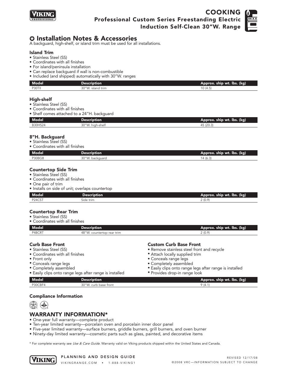 Cooking, Warranty information | Viking VISC530-4B User Manual | Page 5 / 5