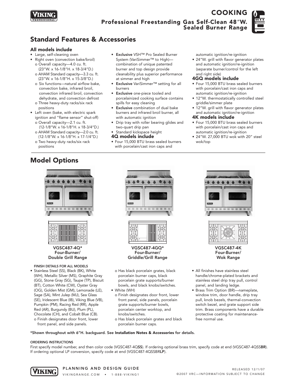 Cooking, Standard features & accessories model options | Viking VGSC487-4G* User Manual | Page 2 / 8