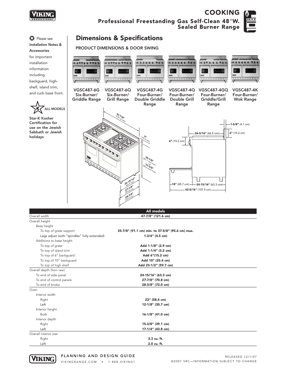 Cooking, Dimensions & specifications, Product dimensions & door swing | Viking VGSC487-4G* User Manual | Page 3 / 8