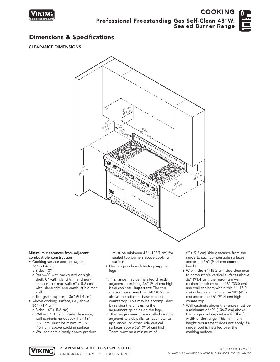 Cooking, Dimensions & specifications | Viking VGSC487-4G* User Manual | Page 4 / 8