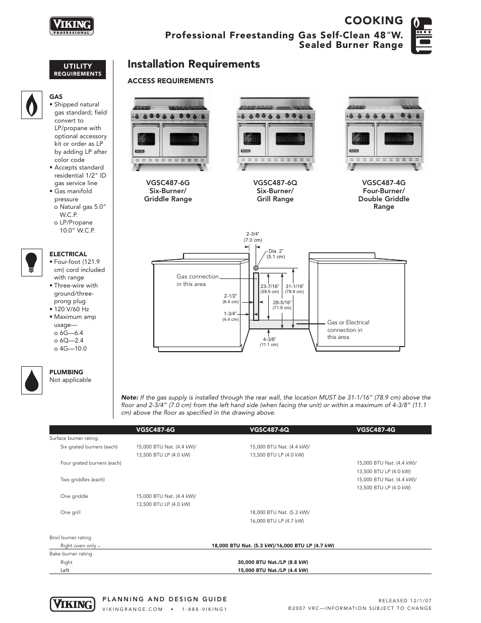 Cooking, Installation requirements | Viking VGSC487-4G* User Manual | Page 5 / 8