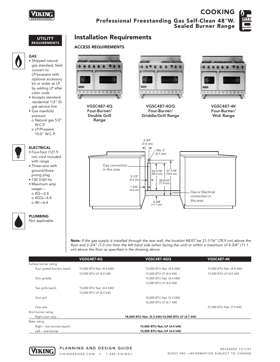 Cooking, Installation requirements | Viking VGSC487-4G* User Manual | Page 6 / 8