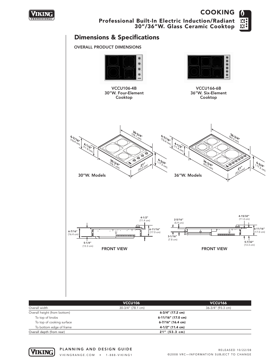 Cooking, Dimensions & specifications, Front view | Viking VCCU166-6B User Manual | Page 2 / 5