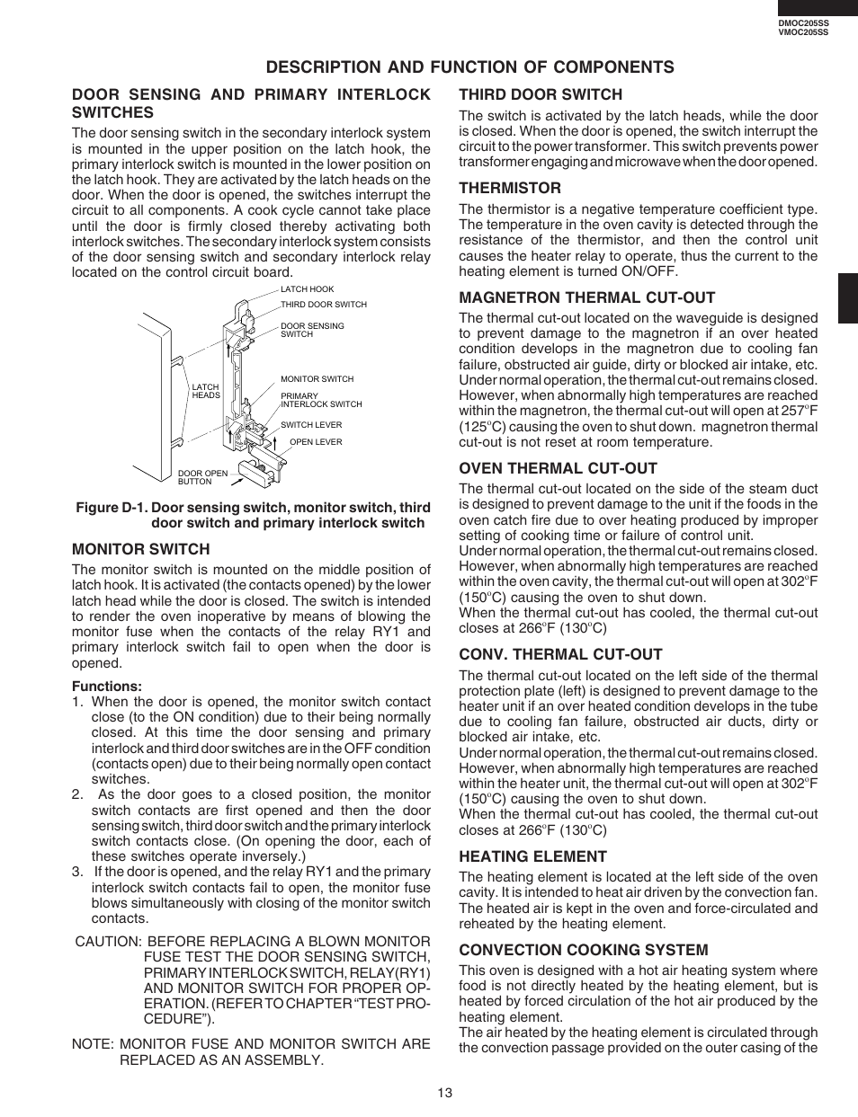 Description and function of components, Third door switch, Thermistor | Magnetron thermal cut-out, Oven thermal cut-out, Conv. thermal cut-out, Heating element, Convection cooking system, Door sensing and primary interlock switches, Monitor switch | Viking DMOC205SS User Manual | Page 15 / 48