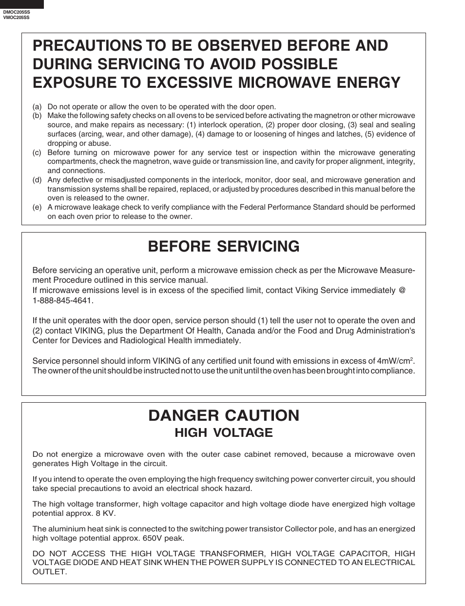 Before servicing, Danger caution, High voltage | Viking DMOC205SS User Manual | Page 2 / 48