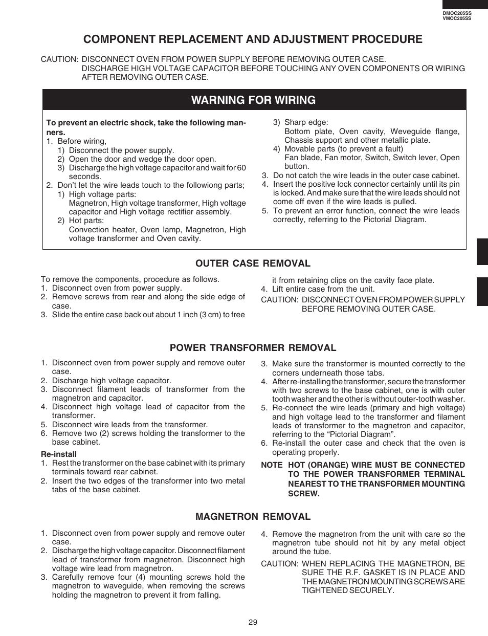 Component replacement and adjustment procedure, Warning for wiring | Viking DMOC205SS User Manual | Page 31 / 48