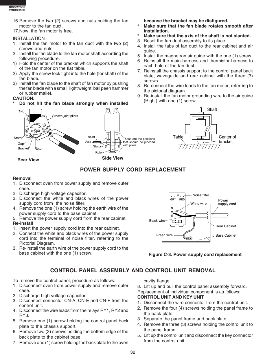 Control panel assembly and control unit removal, Power supply cord replacement | Viking DMOC205SS User Manual | Page 34 / 48