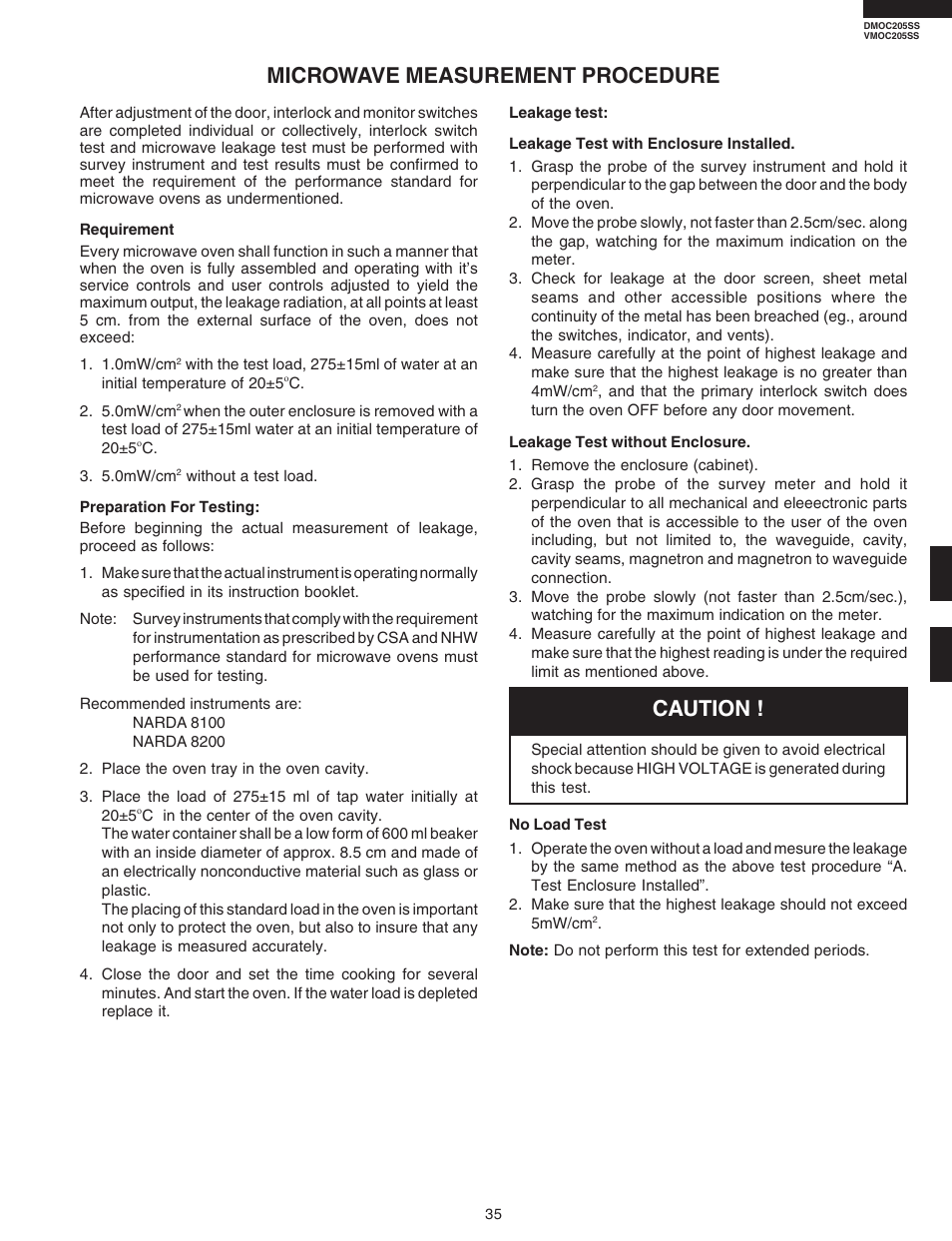 Microwave measurement procedure, Caution | Viking DMOC205SS User Manual | Page 37 / 48