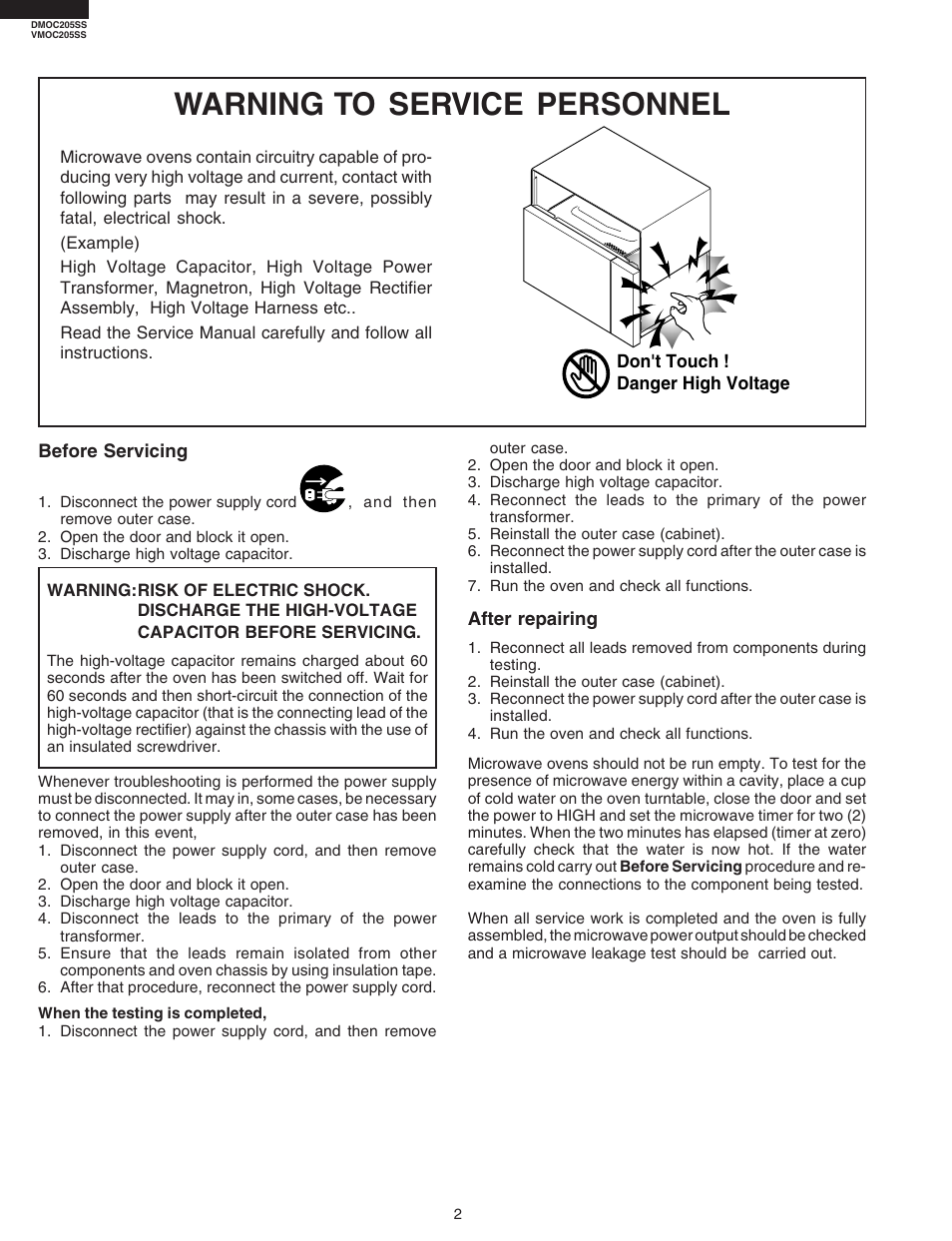 Warning to service personnel | Viking DMOC205SS User Manual | Page 4 / 48