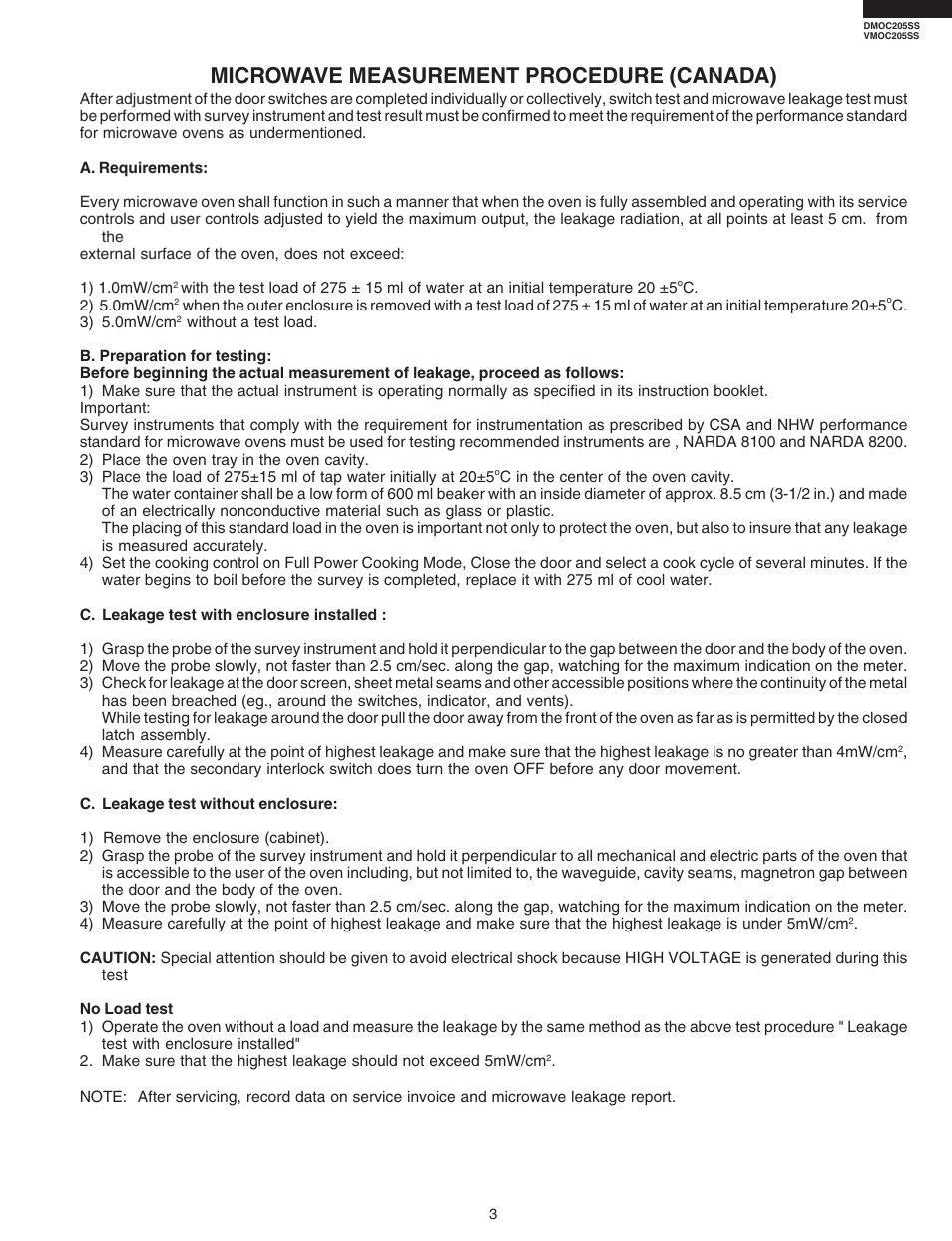 Microwave measurement procedure (canada) | Viking DMOC205SS User Manual | Page 5 / 48