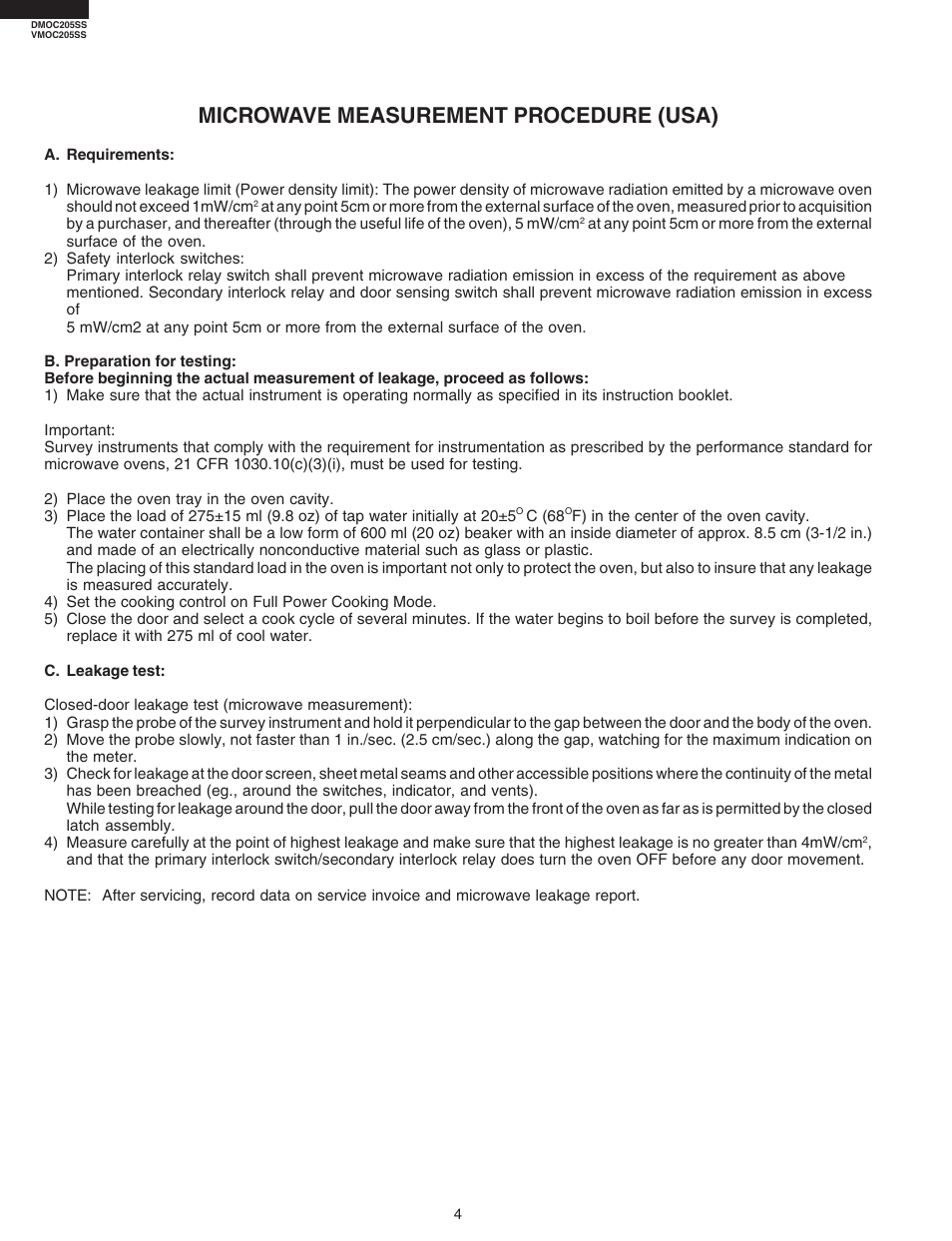 Microwave measurement procedure (usa) | Viking DMOC205SS User Manual | Page 6 / 48