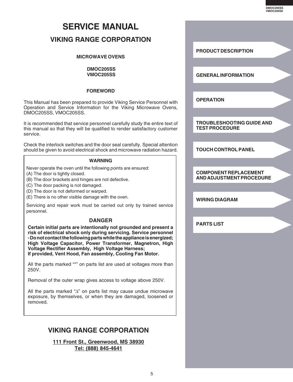 Service manual, Viking range corporation | Viking DMOC205SS User Manual | Page 7 / 48