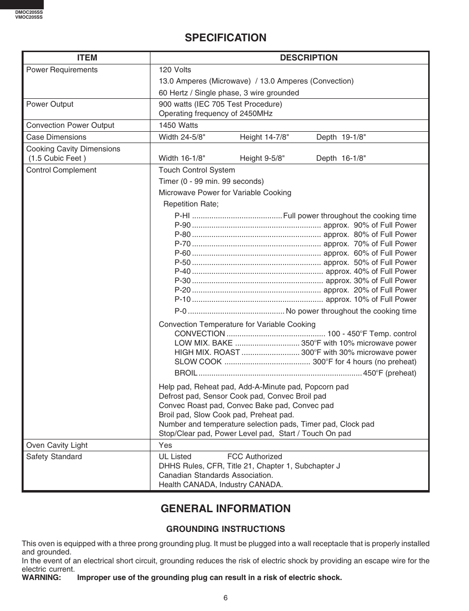 Specification, General information | Viking DMOC205SS User Manual | Page 8 / 48