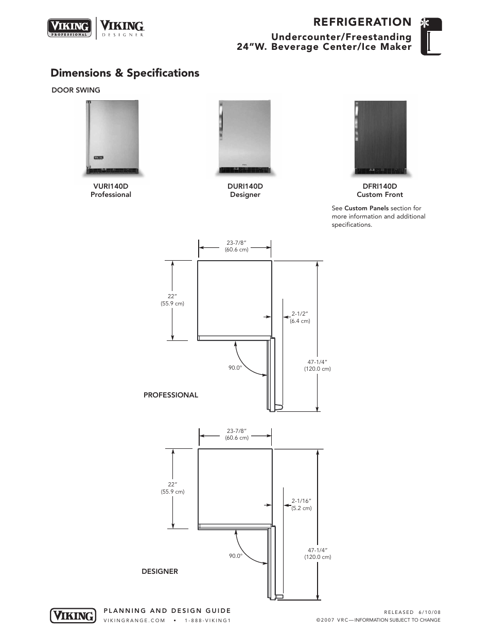 Refrigeration, Dimensions & specifications | Viking DFRI140D User Manual | Page 3 / 5