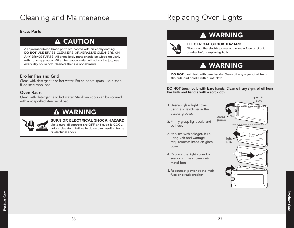 Cleaning and maintenance, Replacing oven lights, Warning | Caution | Viking F20705A EN User Manual | Page 19 / 22