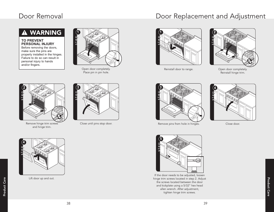 Door removal door replacement and adjustment, Warning | Viking F20705A EN User Manual | Page 20 / 22