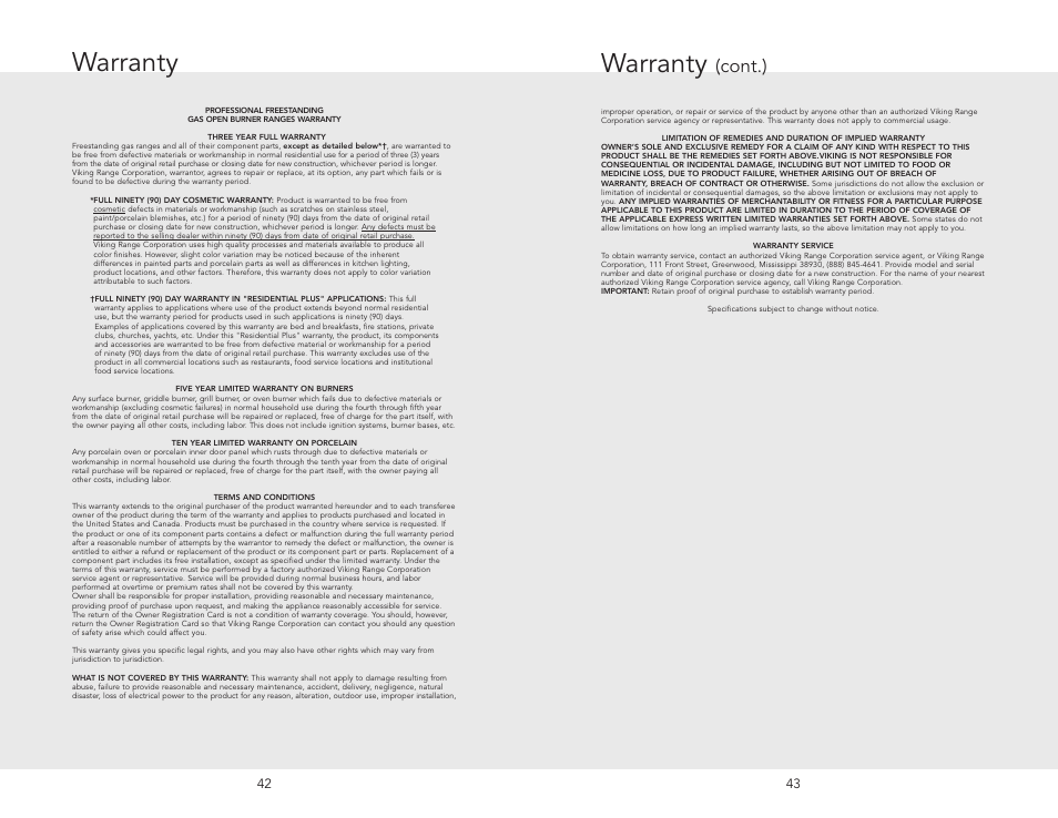 Cleaning and maintenan, Cleaning and maintenance, Warranty | Cont.) | Viking F20705A EN User Manual | Page 22 / 22