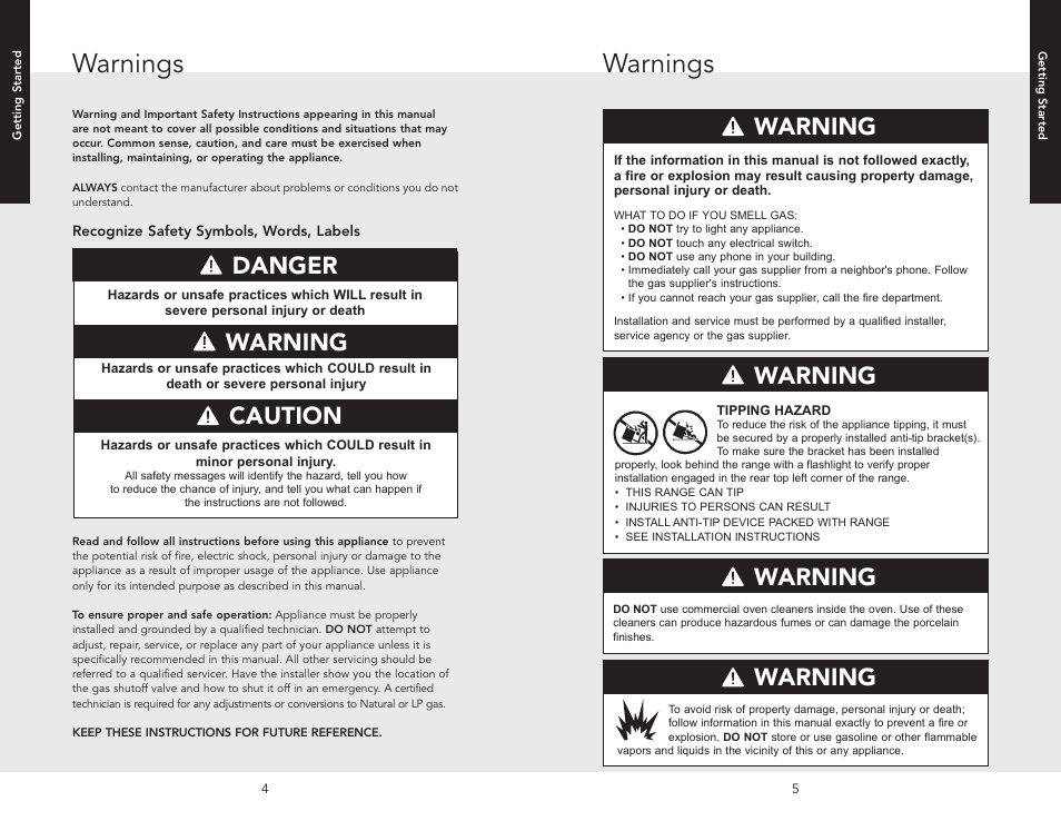 Getting started, Warnings, Danger | Warning caution, Warning | Viking F20705A EN User Manual | Page 3 / 22