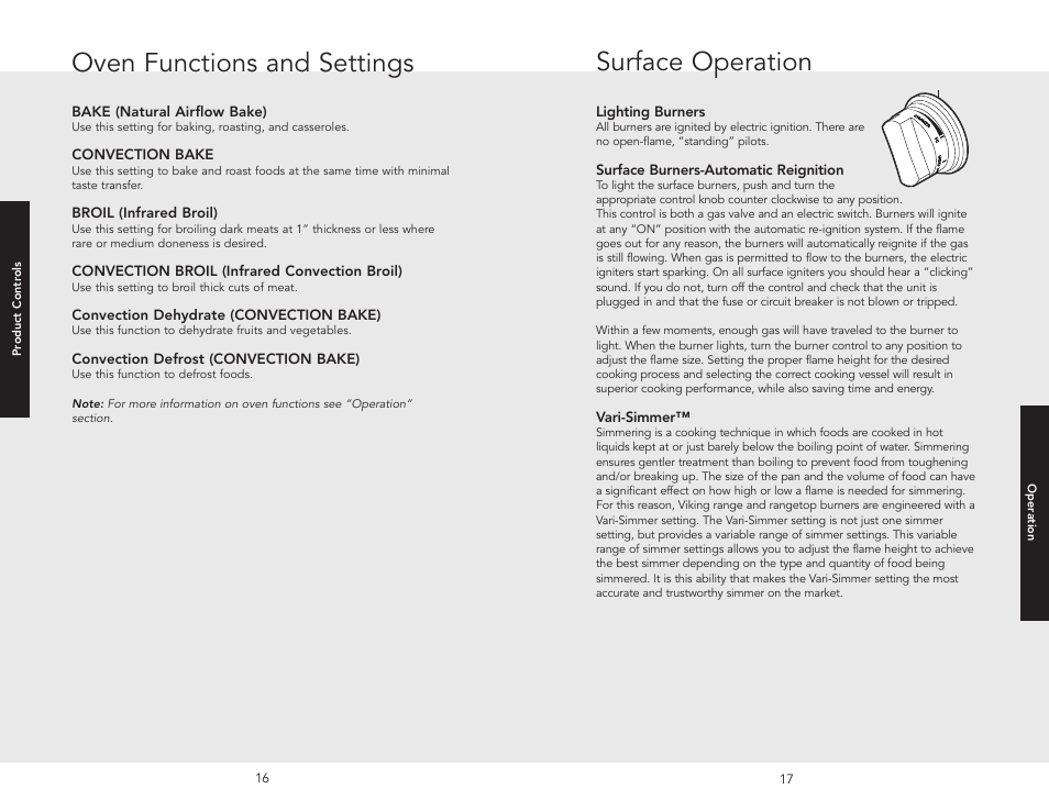 Product controls, Range feature, Range features | Oven functions and settings, Surface operation | Viking F20705A EN User Manual | Page 9 / 22