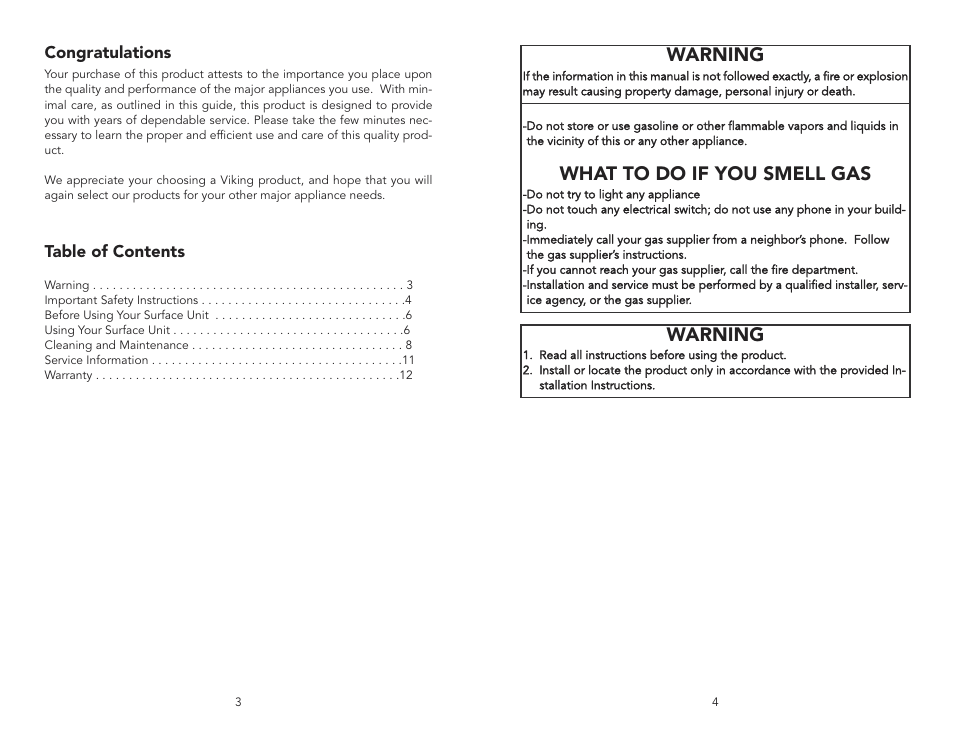 What to do if you smell gas, Warning | Viking F20333A User Manual | Page 2 / 8