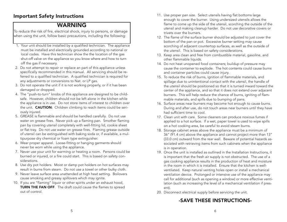 Warning, Save these instructions, Important safety instructions | Viking F20333A User Manual | Page 3 / 8