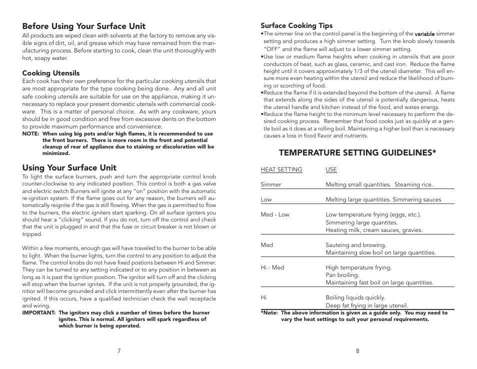 Using your surface unit, Before using your surface unit, Temperature setting guidelines | Viking F20333A User Manual | Page 4 / 8