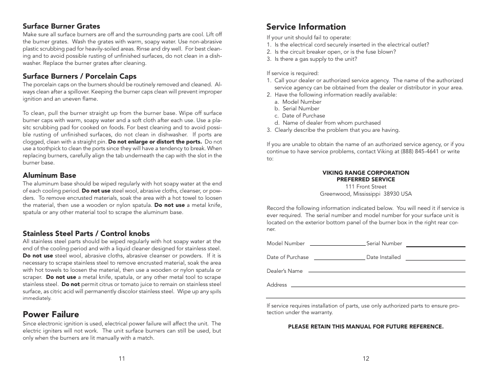 Service information, Power failure | Viking F20333A User Manual | Page 6 / 8