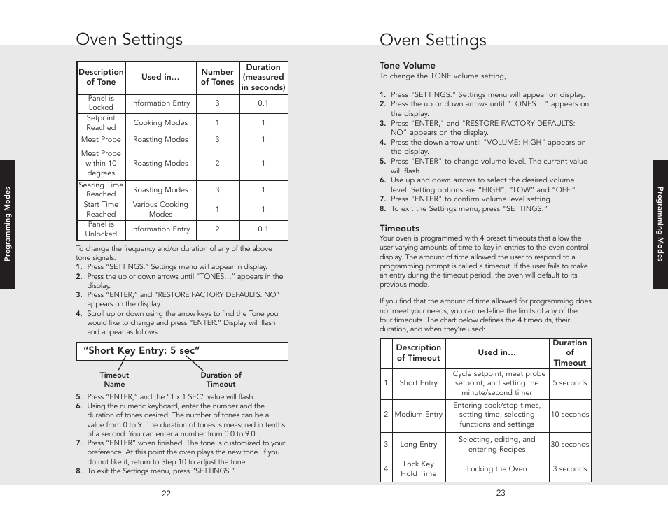 Oven settings, Short key entry: 5 sec | Viking F20366B User Manual | Page 12 / 30