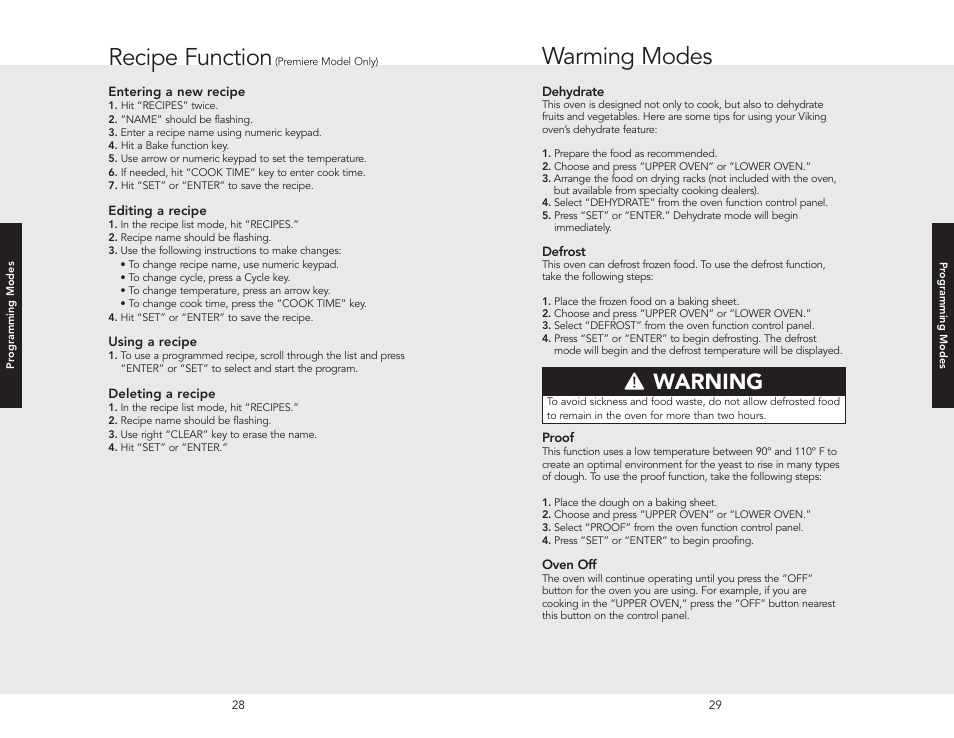 Warming modes, Recipe function, Warning | Viking F20366B User Manual | Page 15 / 30