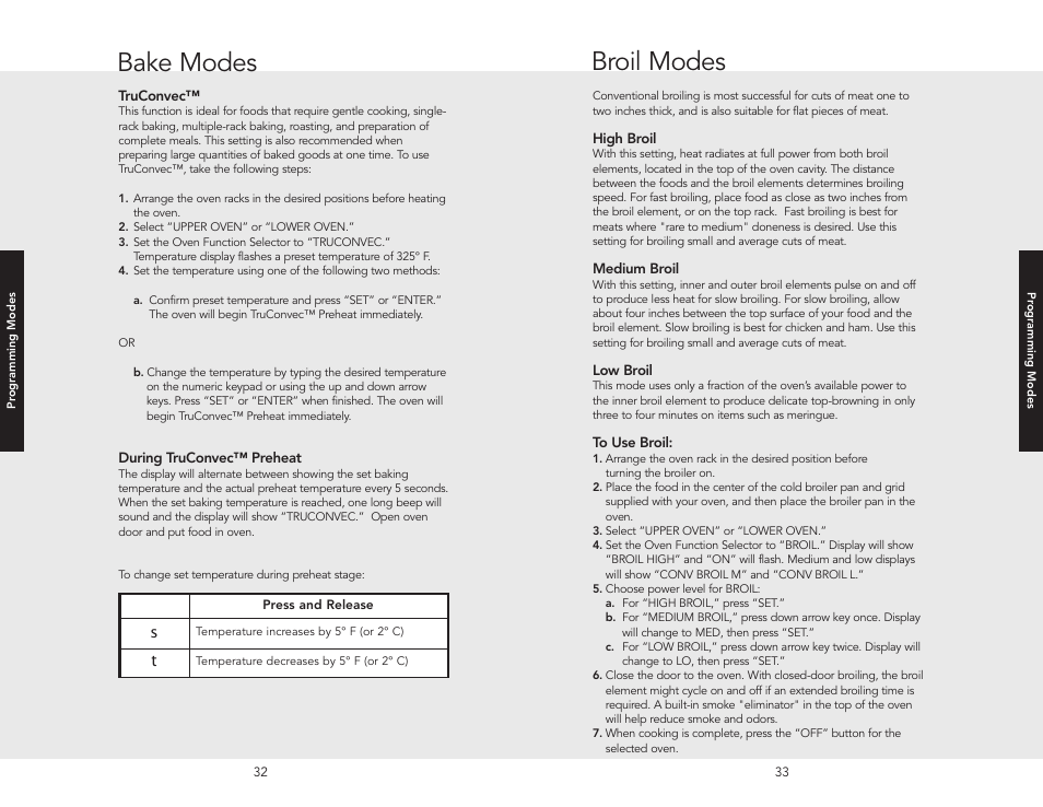 Bake modes, Broil modes | Viking F20366B User Manual | Page 17 / 30